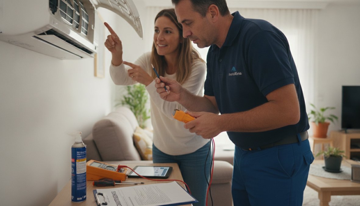 Técnico especializado en climatización realizando inspección profesional de unidad interior de aire acondicionado split, con herramientas de diagnóstico en mano, en un apartamento moderno con luz natural