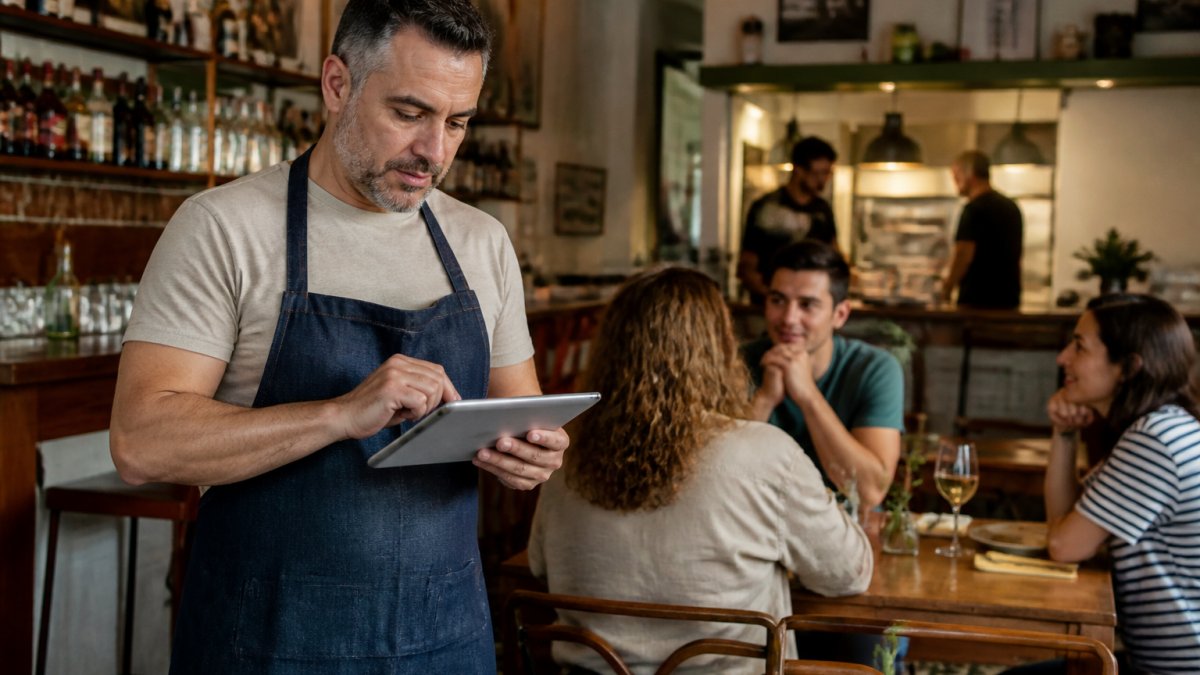 Dueño de restaurante revisa datos de gestión de alérgenos en una tablet mientras atiende a sus clientes en el local
