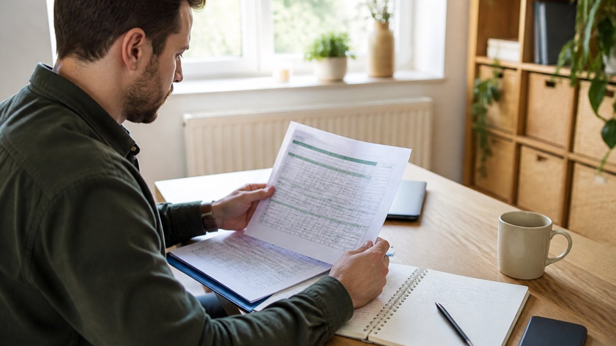 Data professional reviewing salary benchmarks and spreadsheets on a laptop in a bright home office, notebook and coffee on the desk, natural morning light