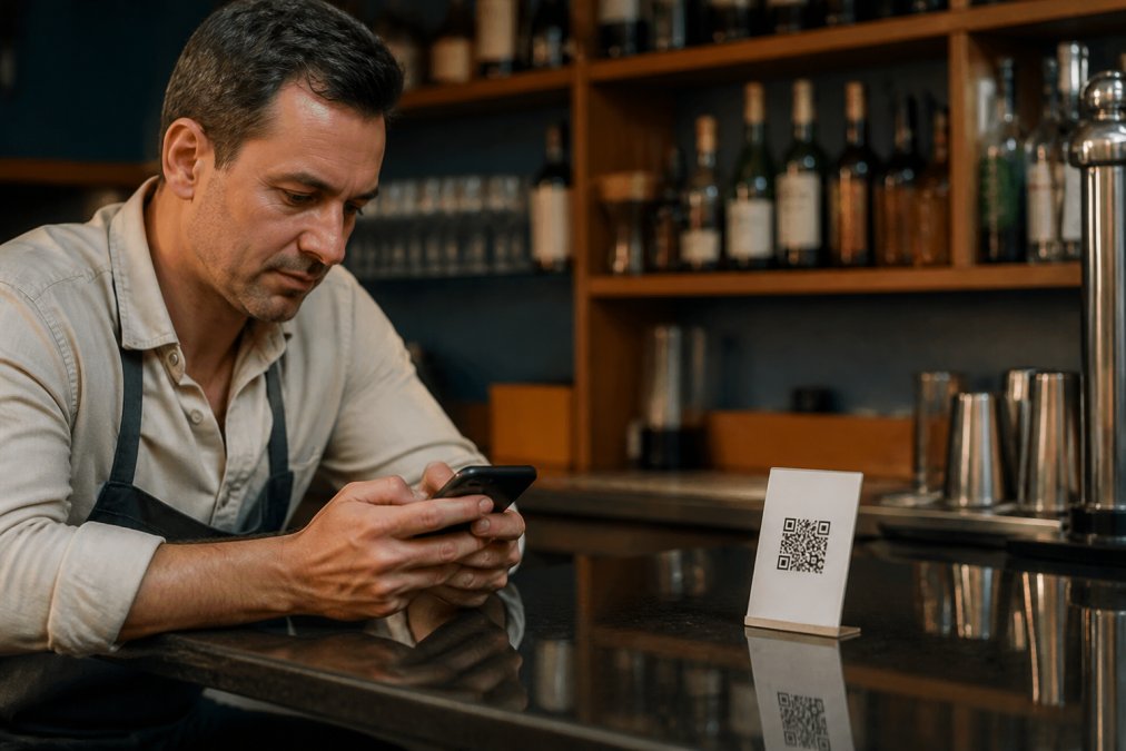 Dueño de restaurante revisa su menú digital tras subir fotos de cartas desde su móvil junto a un código QR en la mesa.