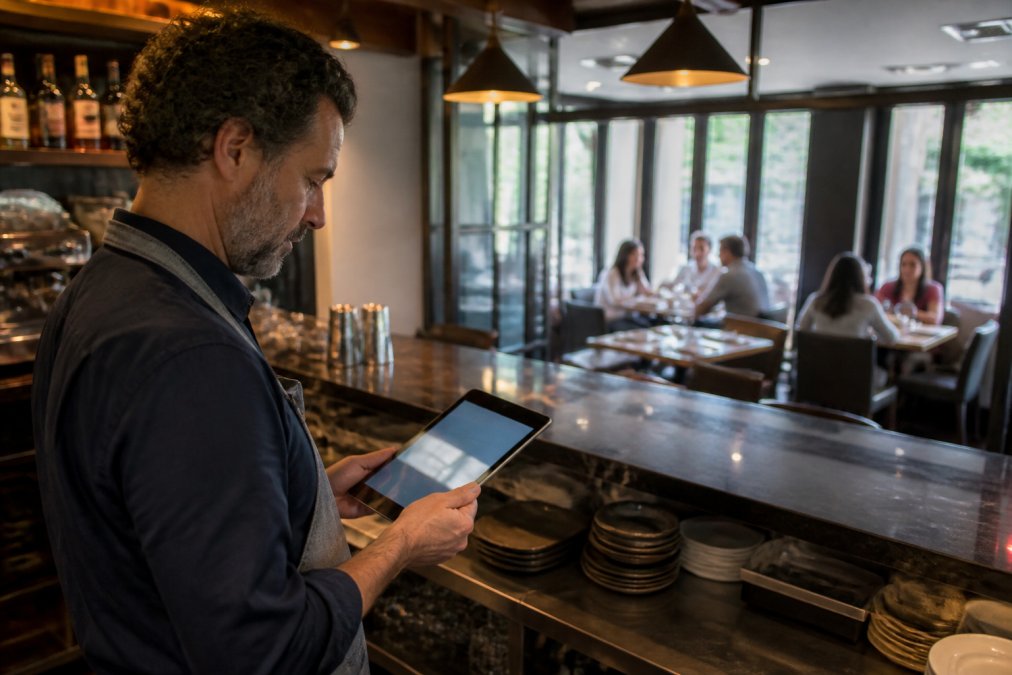 Gerente de restaurante revisando configuración de privacidad y políticas de seguridad en su tablet mientras supervisa el comedor desde la barra