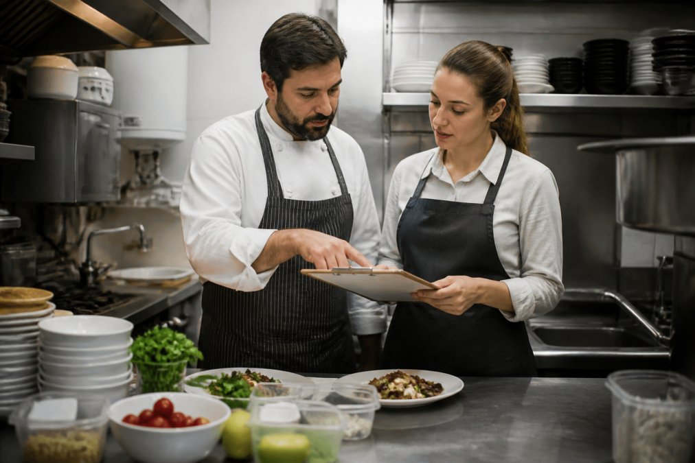 Personal de cocina y administración trabajando juntos consultando información de alérgenos en un menú digital en pantalla de punto de venta moderna