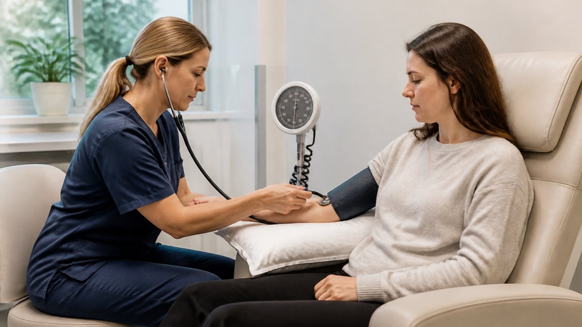 A nurse in scrubs checking a patient's blood pressure in a calm, well-lit clinic room, with a blood pressure monitor and medical chart visible