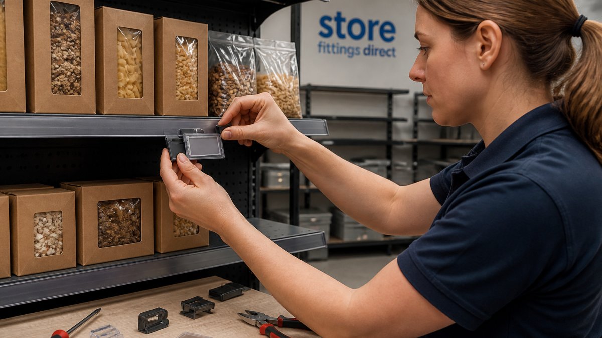 Retail worker installing an electronic shelf label display on a product shelf, hands carefully positioning the device and mounting bracket against the shelf edge with clear product visibility