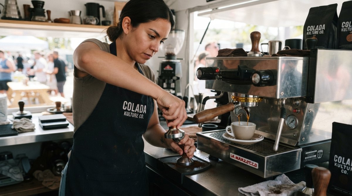 A barista's hands positioning a portafilter into an espresso machine, with freshly ground coffee visible and a white ceramic cup positioned below the group head, showing the precision and ritual of espresso preparation