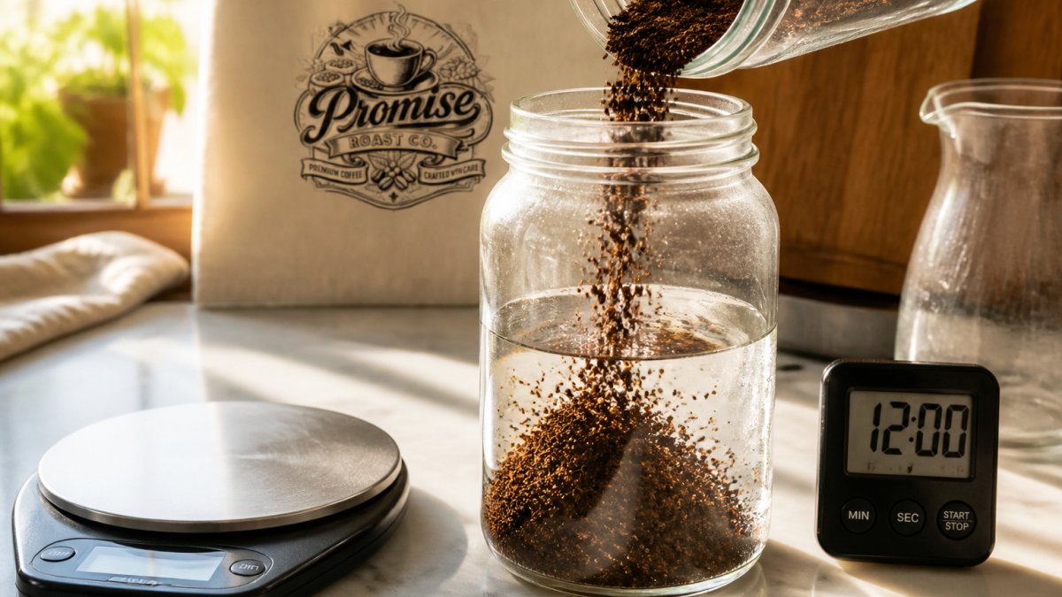 Close-up of coarse coffee grounds being poured into a glass jar with cold water, with a kitchen scale and timer visible on a marble counter in natural morning light