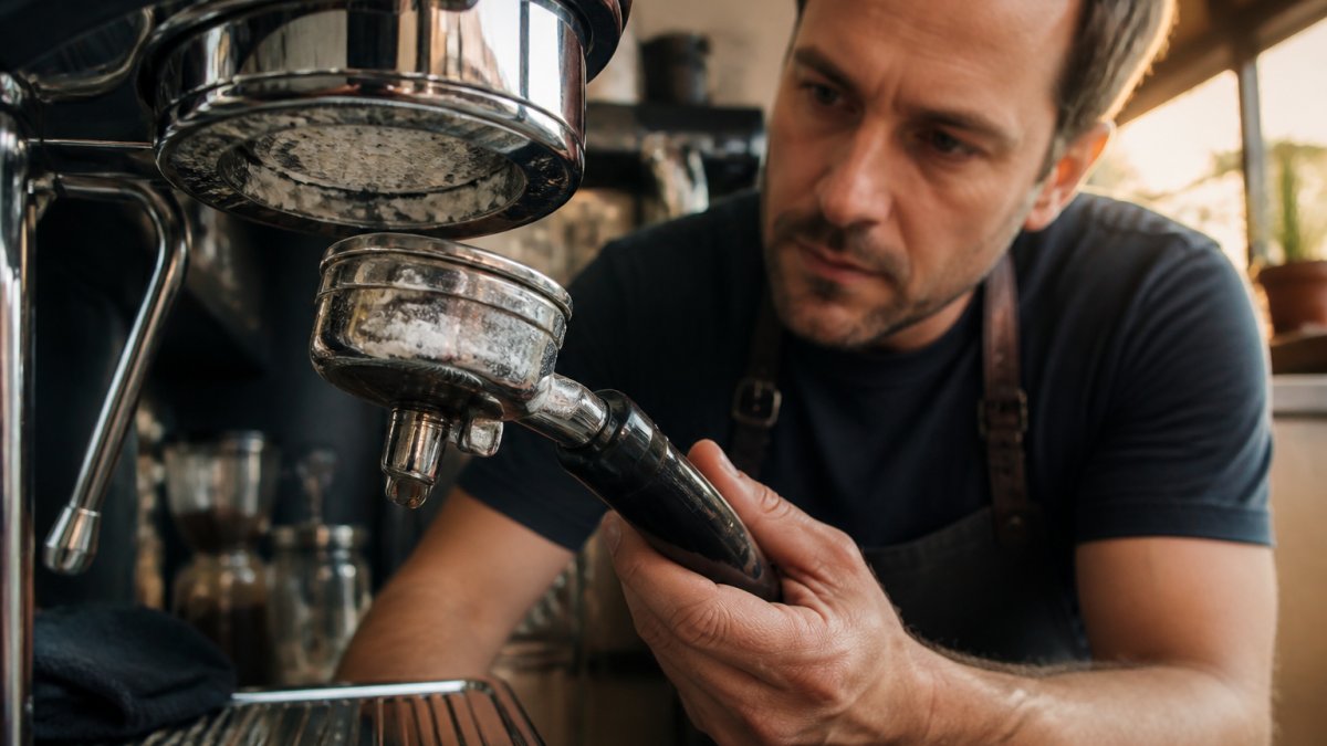 White limescale buildup on the chrome group head and portafilter of a professional espresso machine