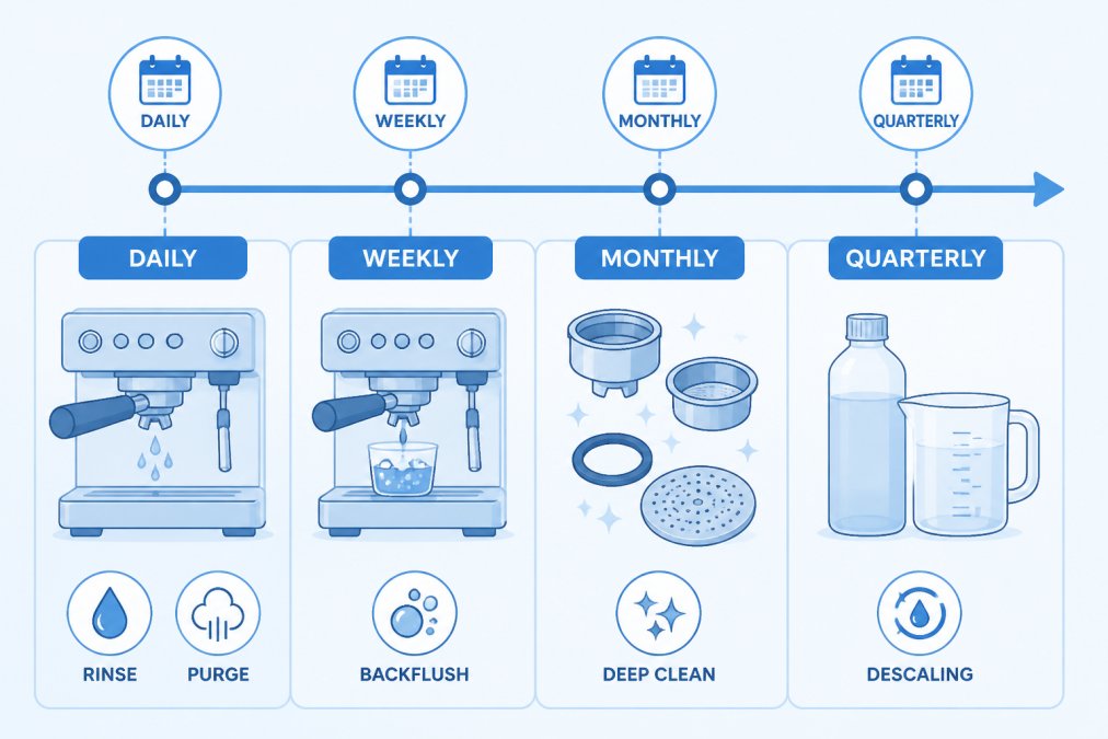 Infographic timeline detailing the espresso machine maintenance schedule from daily rinsing to quarterly descaling.