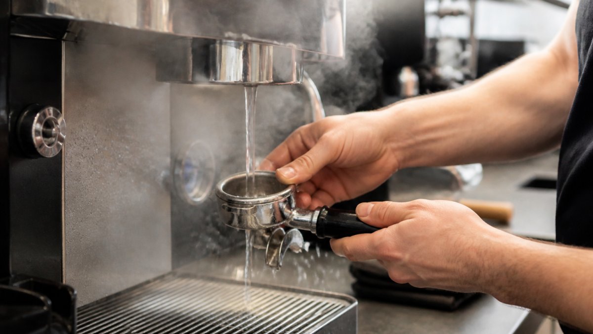 Close-up of hands rinsing a portafilter and filter basket under hot water at the espresso machine group head, steam rising, stainless steel surfaces gleaming