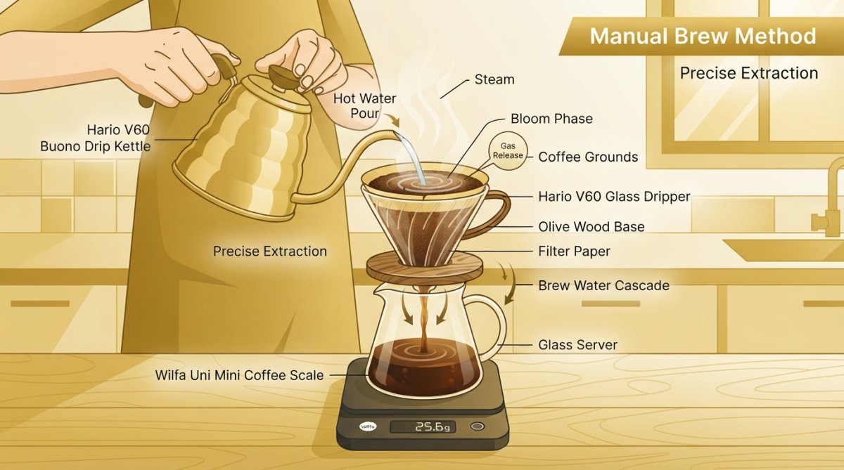 Close-up of hands pouring hot water into a Hario V60 ceramic dripper with coffee grounds, steam rising visibly, showing the bloom phase and water cascading through the cone in a modern kitchen setting
