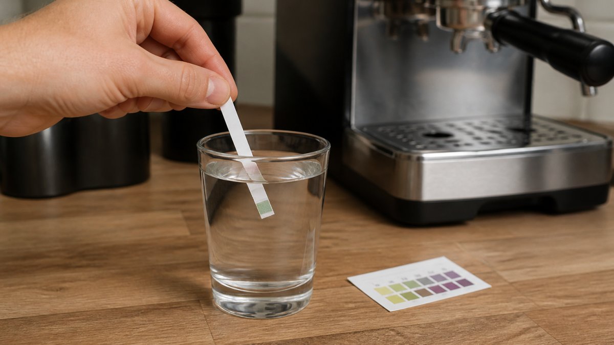 Hand dipping a test strip into water next to a color chart to measure mineral content for espresso brewing