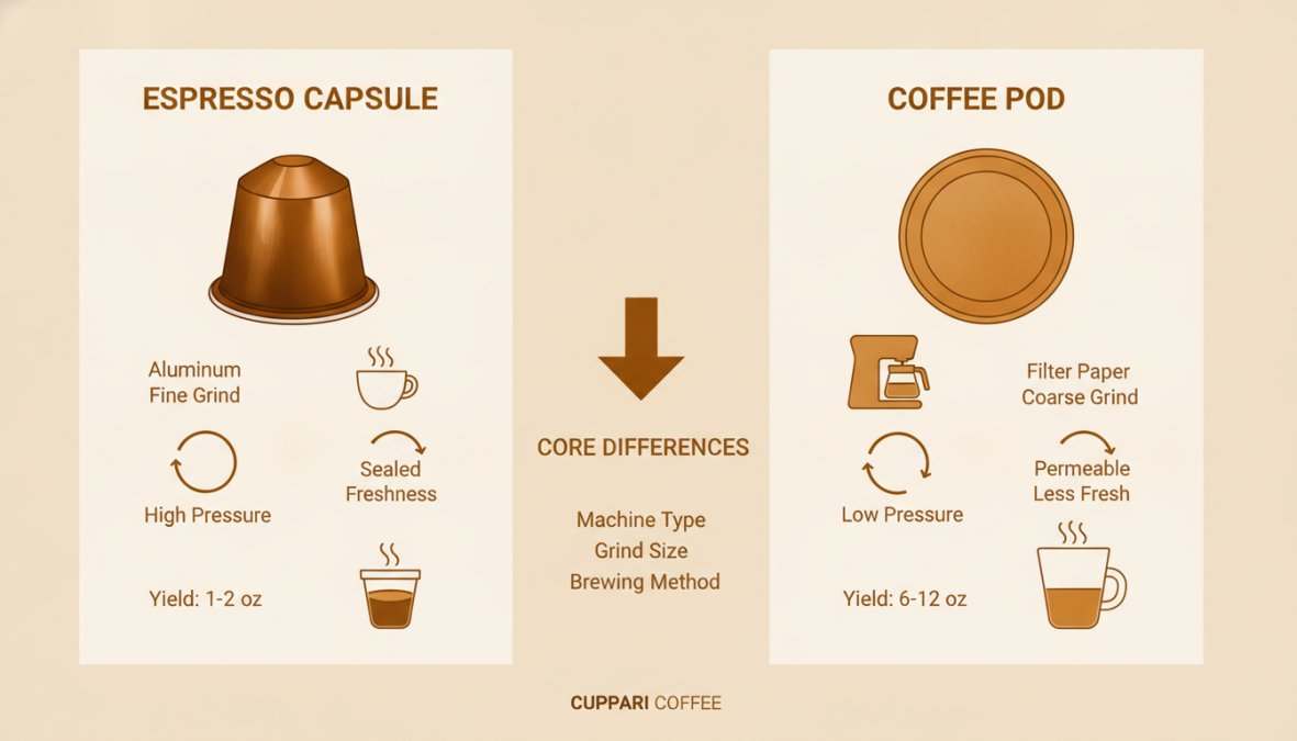 Close-up of an aluminum espresso capsule and a flat filter-paper coffee pod side-by-side on a white ceramic surface, showing their distinct shapes and construction