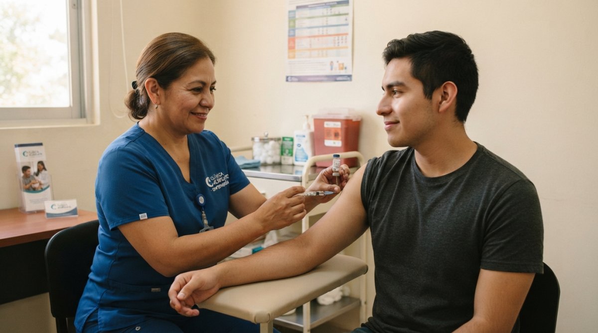 Profesional de salud aplicando una inyección como parte del esquema de vacunación hepatitis b en un entorno clínico.
