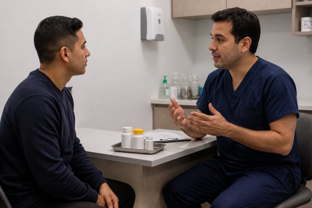 Profesional de la salud explicando el esquema prep a un paciente joven en un consultorio médico moderno y discreto.
