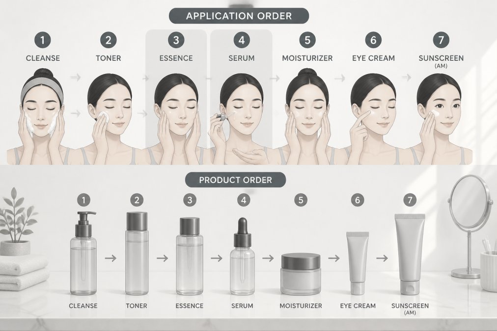 Person's hands applying skincare products in sequence on their face, with essence and serum bottles arranged in order on a clean bathroom counter, showing the layering process with natural morning light