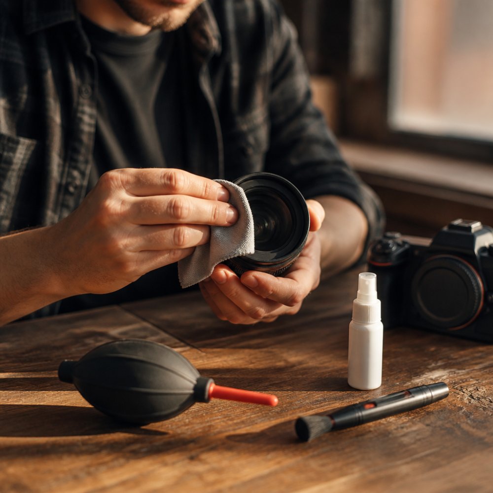 Close-up of hands using a microfiber cloth and air blower to clean a camera lens on a wooden desk, with a LensPen and cleaning solution nearby in soft natural light