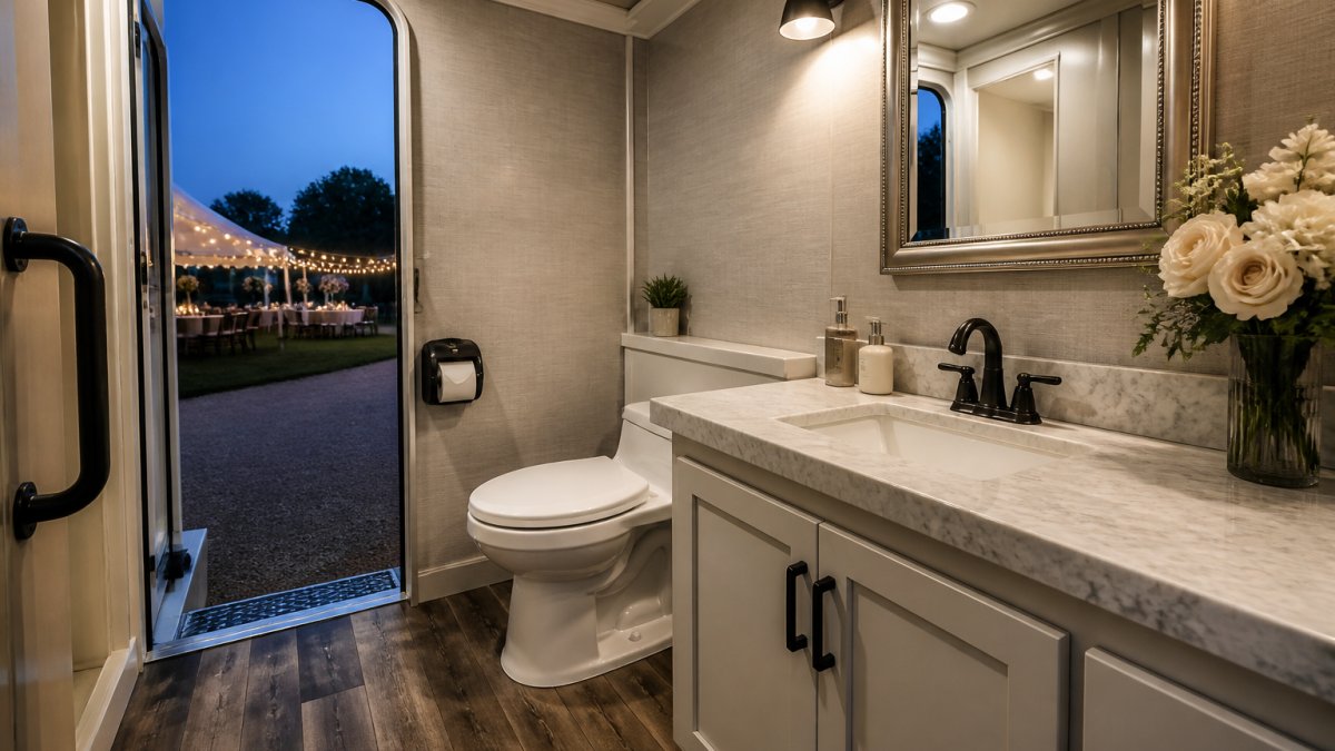 Interior of a luxury restroom trailer at an outdoor wedding venue at dusk, showing a white porcelain flushing toilet, marble countertop with a sink and soap dispenser, a framed vanity mirror, warm overhead lighting, and hardwood flooring