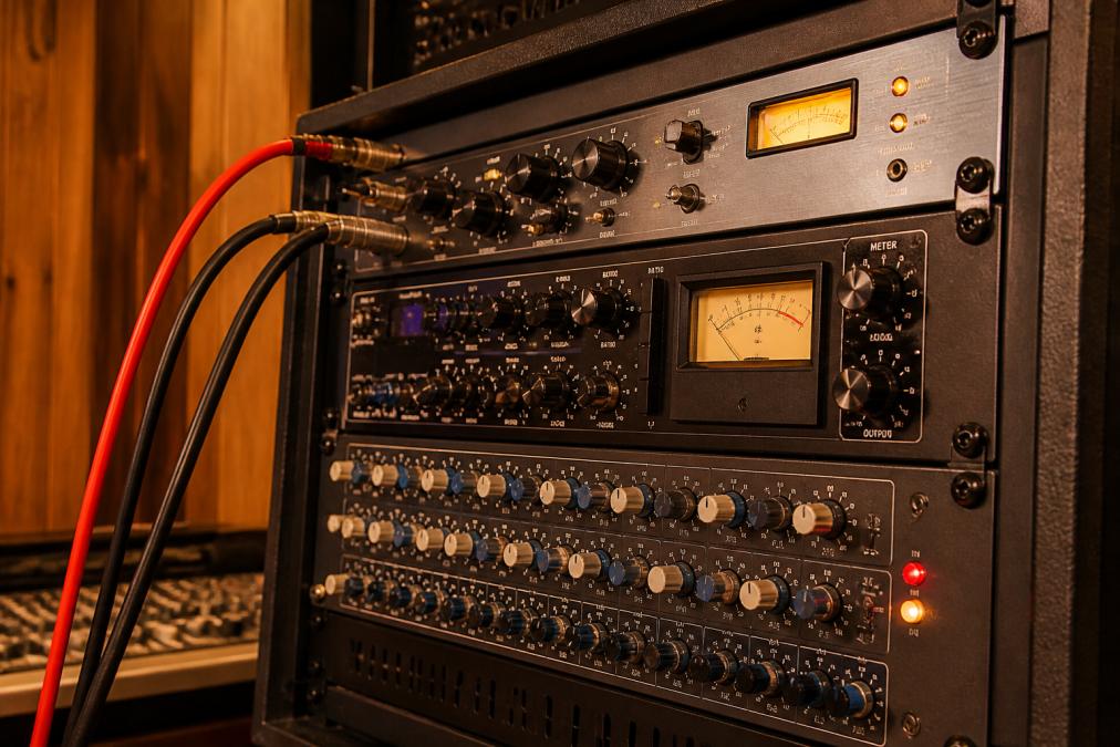 Close-up photograph of a professional analog outboard rack in a recording studio, showing a microphone preamp, compressor, and equalizer with patch cables connected, warm amber lighting, wood-paneled walls in background