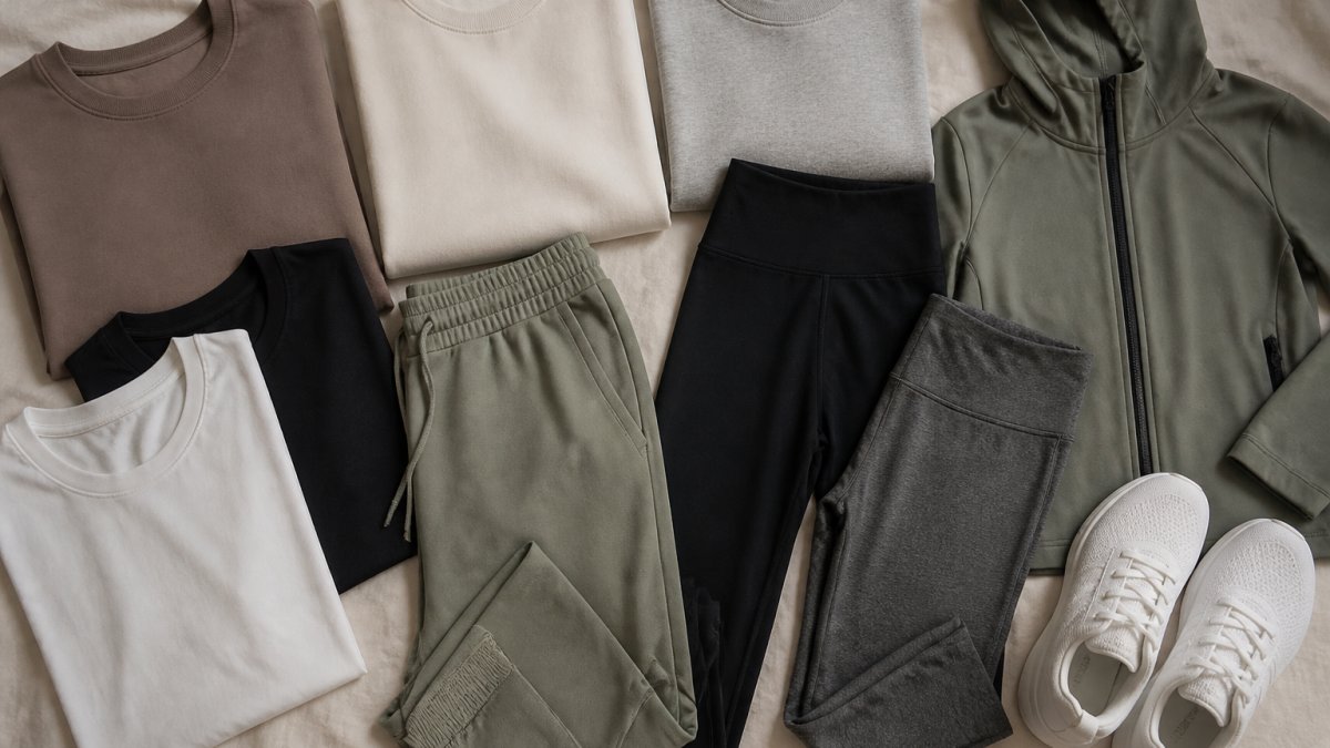 Laid-flat arrangement of essential athleisure pieces including crewneck sweatshirts in neutral colors, lightweight fitted tees, high-waisted leggings, joggers, white sneakers, and a technical jacket on a light background, showing color coordination and layering potential