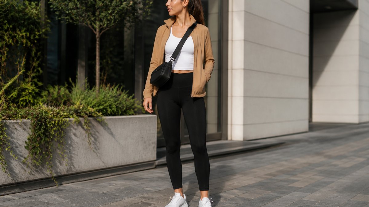 Woman wearing high-waisted black leggings, fitted white moisture-wicking sports tank, and a lightweight camel-coloured zip-up jacket, accessorised with a structured crossbody bag and white trainers, standing in natural outdoor light