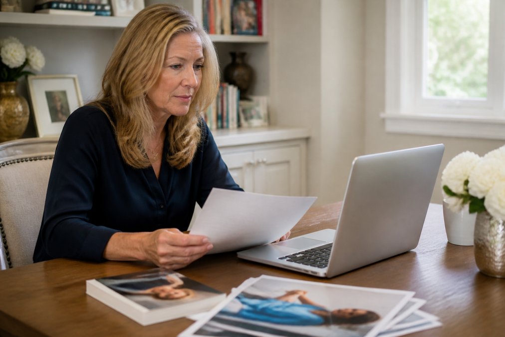 Author reviewing a digital author media kit on a laptop at a bright desk with a printed book and press materials