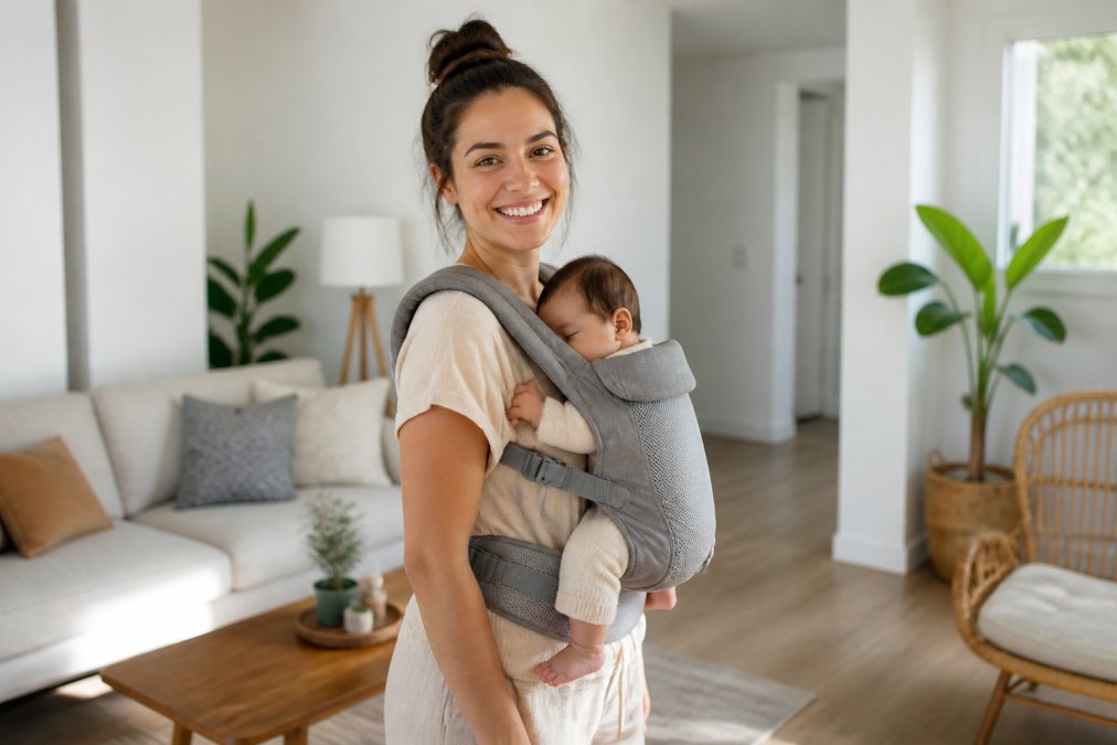 A smiling parent wearing an ergonomic double shoulder baby carrier with a newborn snuggled against their chest, standing in a bright minimalist living room with white walls and warm afternoon light