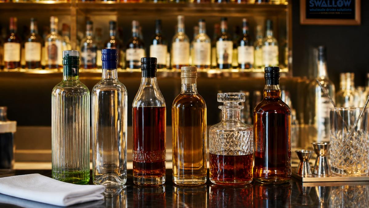 A neat row of spirit bottles on a polished hotel bar counter, including gin, vodka, rum and whiskey, with glassware and a white bar towel, warm lighting