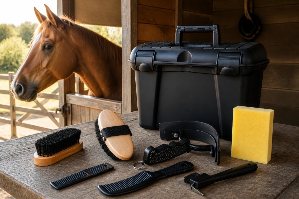 Organized grooming supplies laid out on a weathered barn workbench, including brushes, curry combs, and a black plastic grooming box with a chestnut horse's head visible in soft morning light