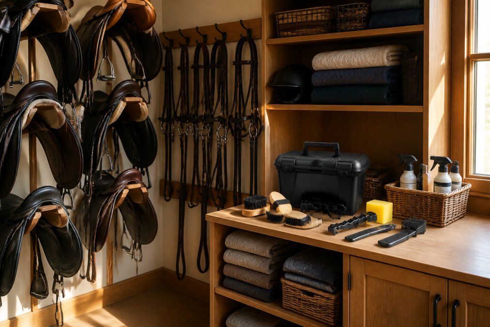 Well-organized tack room with wooden saddle racks holding multiple saddles, bridle hooks displaying organized bridles, and wall-mounted storage shelving with neatly arranged grooming supplies, blankets, and equipment in natural afternoon light