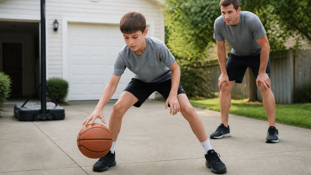 Young beginner dribbling a basketball in a driveway with focused hand position and ball control, supportive coach or parent visible in background, natural outdoor lighting