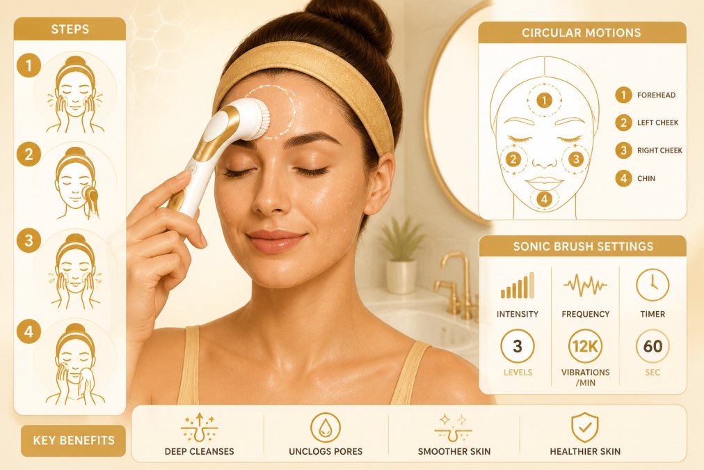 Woman in bright bathroom demonstrating proper facial cleansing technique with sonic brush, water droplets visible on cheeks, showing gentle circular motions on forehead
