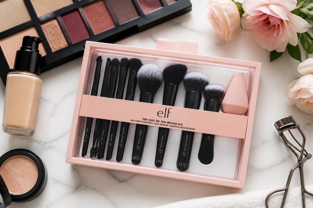 Close-up of essential beauty tools for perfect makeup laid out on a white marble surface, including makeup brushes, sponge with handle, eyeshadow palette, and foundation bottle in natural morning light