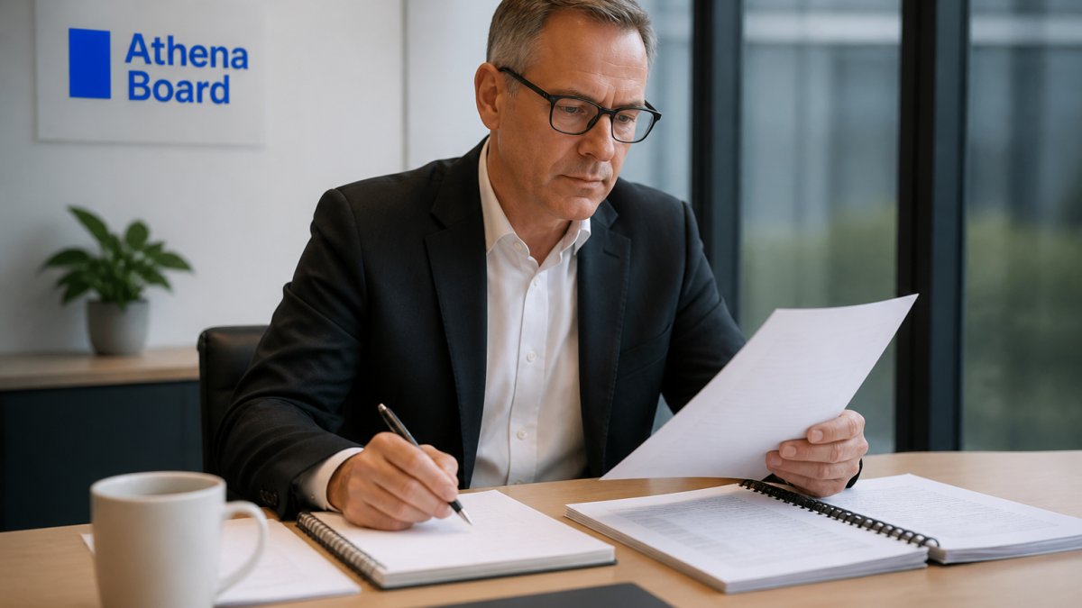 Professional director reviewing board papers at desk with laptop, notepad, and pen in modern office setting with natural lighting
