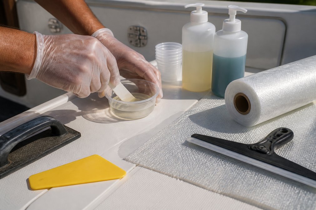 Hands wearing gloves mixing epoxy resin with boat repair tools on a deck