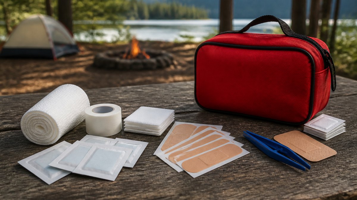 A flat-lay photo of camping first aid supplies spread on a wooden table: rolled gauze, adhesive bandages, medical tape, antiseptic wipes, tweezers, and a compact kit bag, with a campsite in soft focus behind.