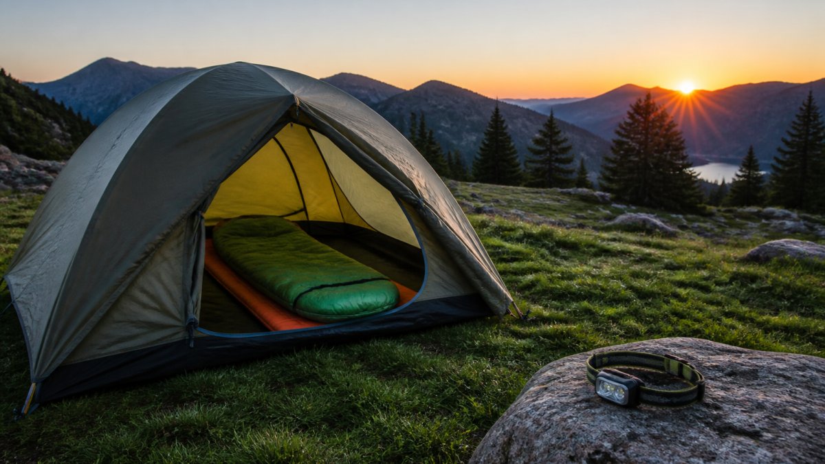 A campsite at dawn with a dome tent pitched on grass, a sleeping bag and mat visible through the open door, and a headlamp resting on a nearby rock