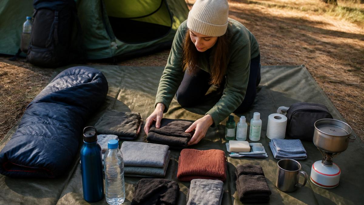 Beginner camper organizing essential clothing, water bottles, and camping gear on a tent groundsheet.