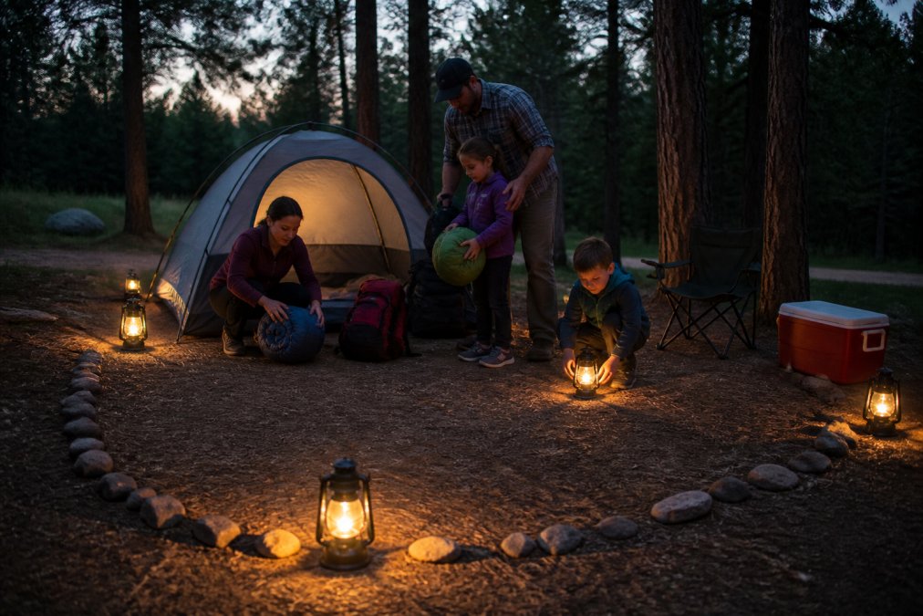 A family with two young children setting up a campsite at dusk, with a clearly marked boundary of small stones and a lantern outlining the tent area in a wooded clearing