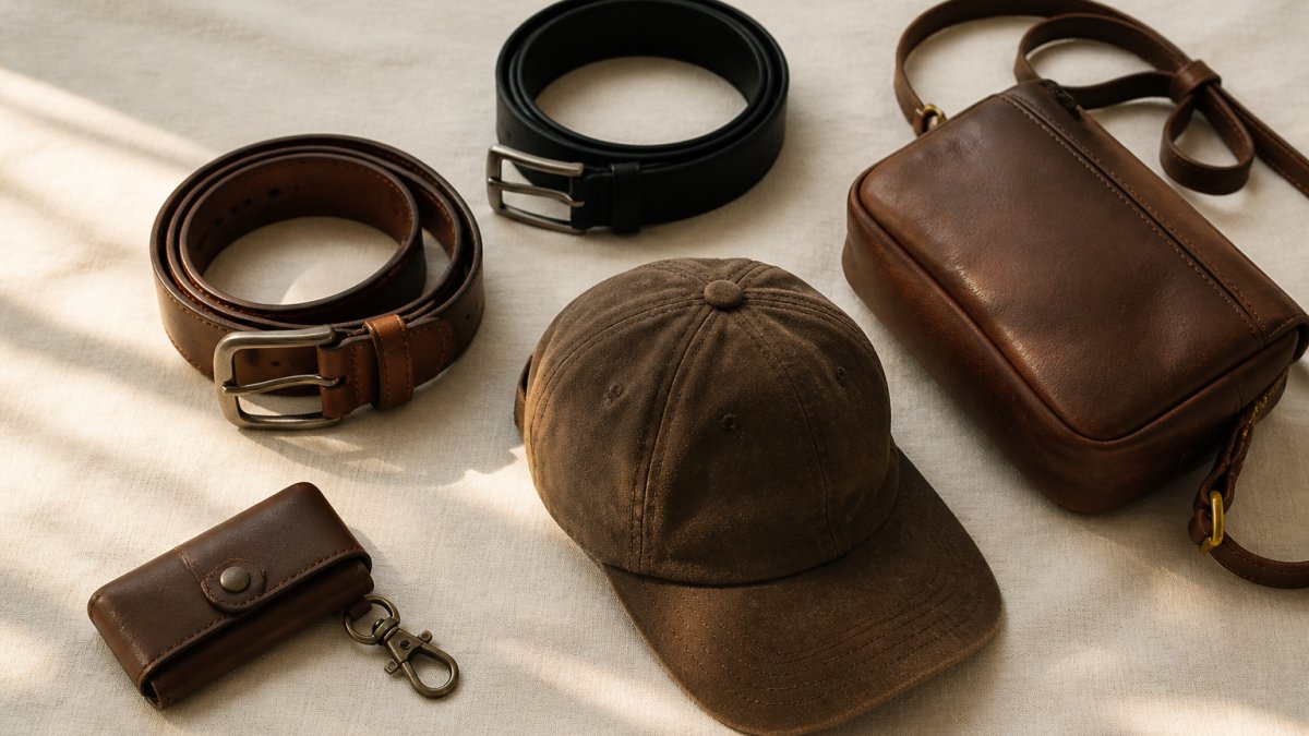 Brown leather and black belts, a crossbody bag, a suede cap, and a leather key wallet on a neutral linen surface
