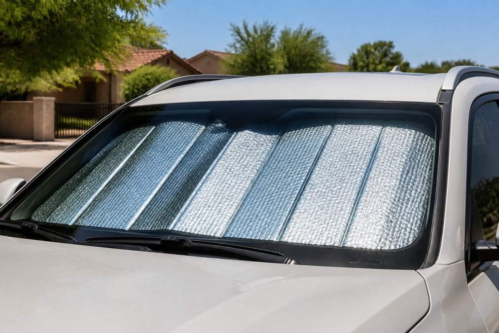 A reflective silver windshield sun shade fully deployed inside a parked car on a bright sunny day, the shade filling the entire windshield with no visible gaps, viewed from outside through the glass on a clear summer afternoon