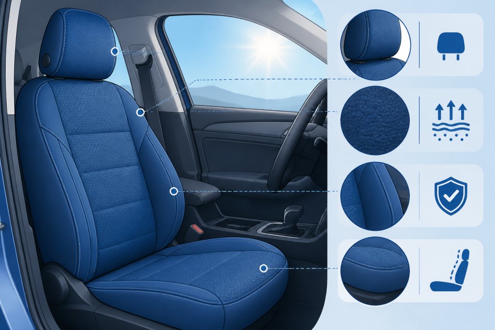 Close-up of a custom-fit car seat cover installed on a front driver seat, showing the fabric texture and precise fit around the headrest and seat bolsters inside a clean car interior with sunlight visible through the side window