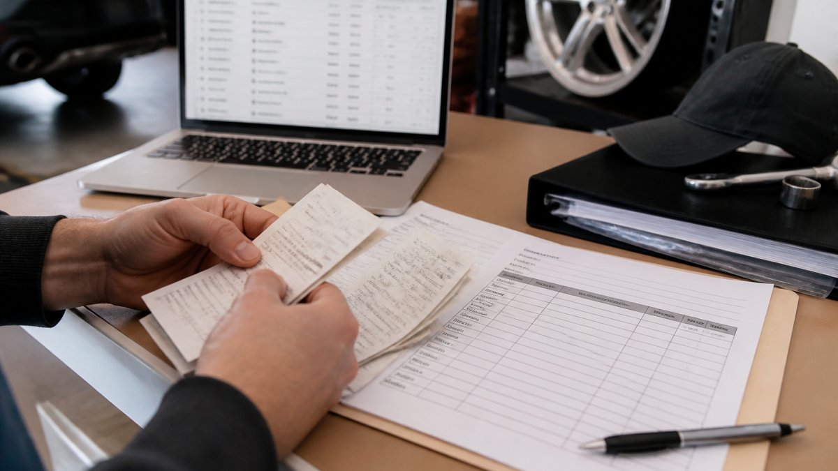 Hands organizing paper car maintenance records alongside a digital tracker template on a desk