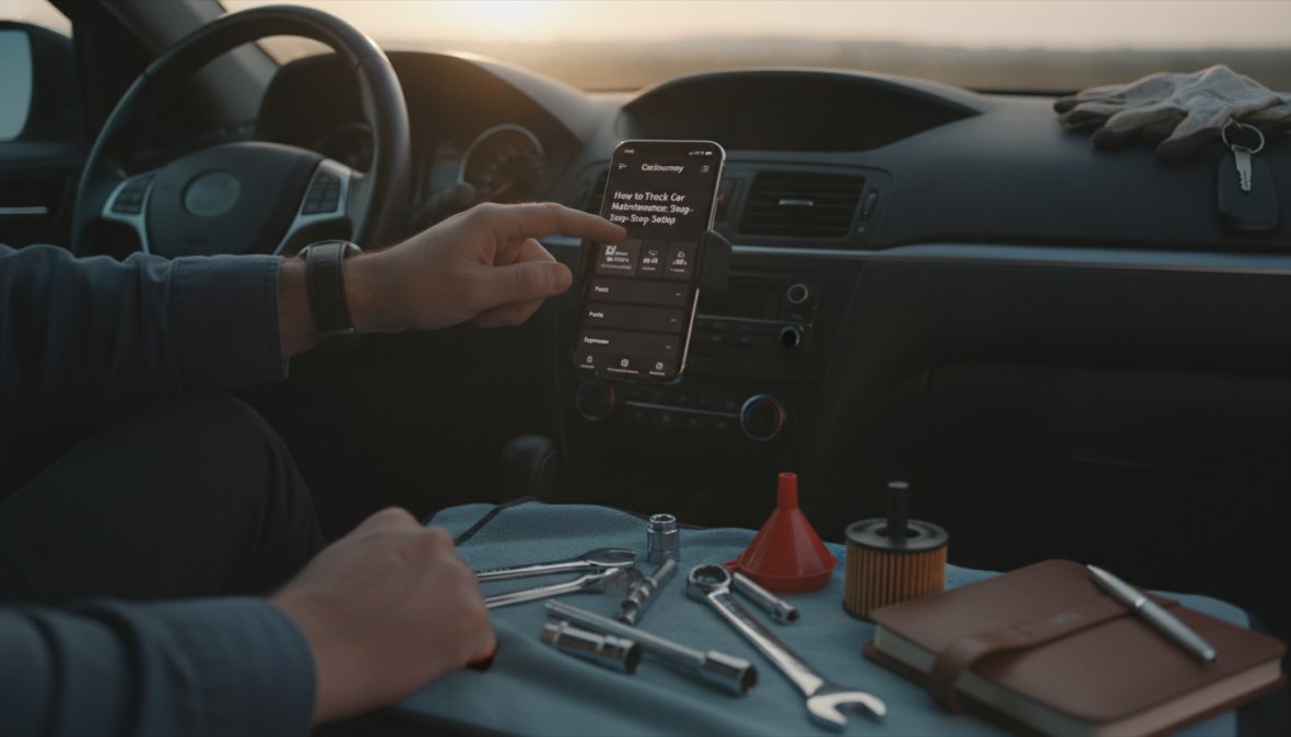 Hands holding a vehicle registration document and smartphone with maintenance app open on a car dashboard, showing VIN entry field