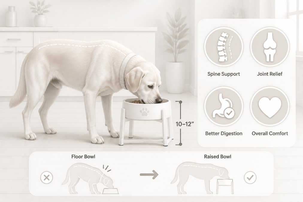 Older dog eating from a raised food bowl in a comfortable kitchen setting, showing proper feeding posture and accessibility