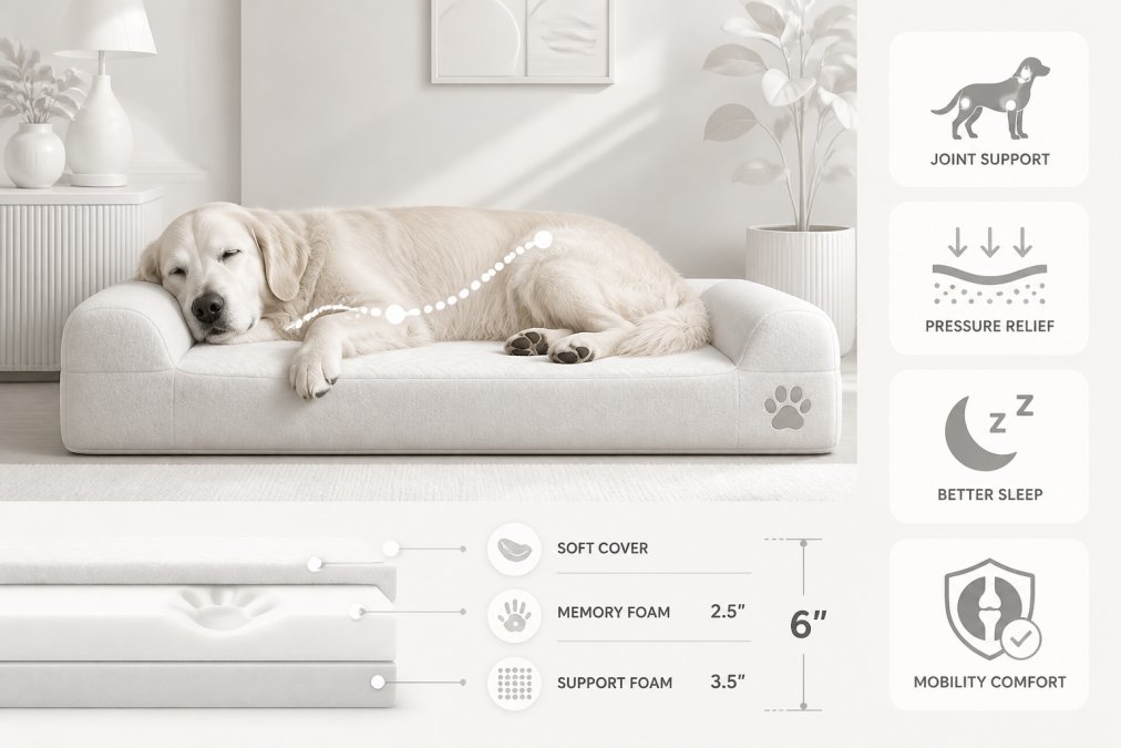 Senior dog resting on an orthopedic memory foam bed in a cozy living room corner, showing comfort and proper joint support