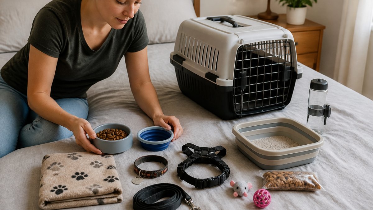 First-time cat owner laying out travel essentials on a bed, pet carrier, food bowls, water bottle, litter box, treats, collar with ID tag, leash, harness, comfort blanket, and toys, organized and ready for packing