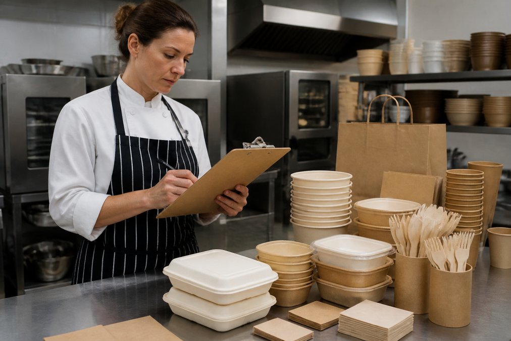 Catering manager checking a list in a kitchen with eco-friendly supplies