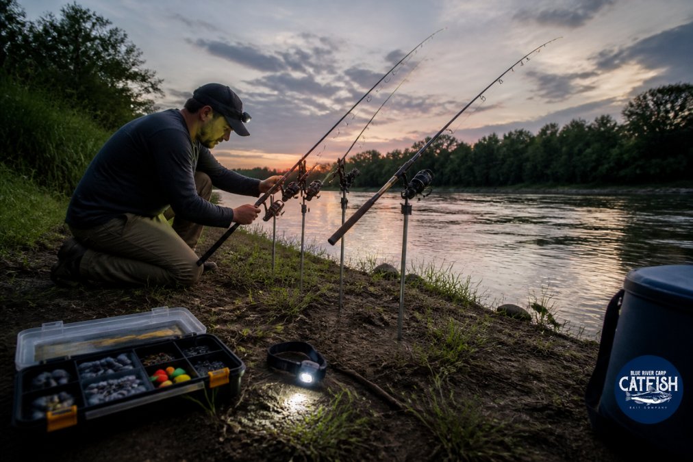 Angler setting up multiple rod holders and tackle along a grassy riverbank at dusk