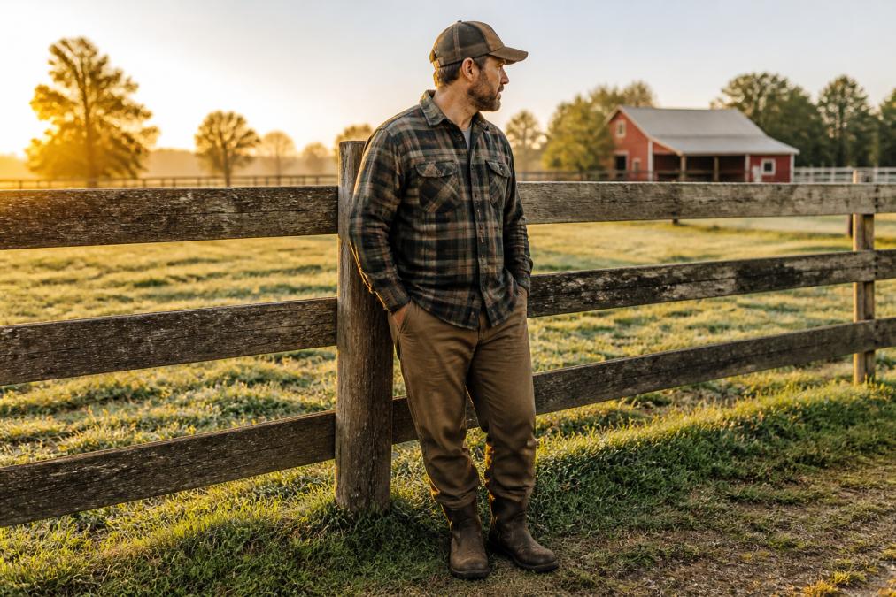 A person in a rugged flannel shirt, heavy-duty work pants, and over-the-ankle boots standing near a wooden fence on a farm in warm morning light, with dew on the grass behind them