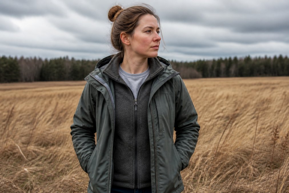 A person standing in an open field under overcast skies, wearing a visible moisture-wicking base layer collar, a fleece mid-layer, and a waterproof outer jacket, with tall grass and a treeline in the background